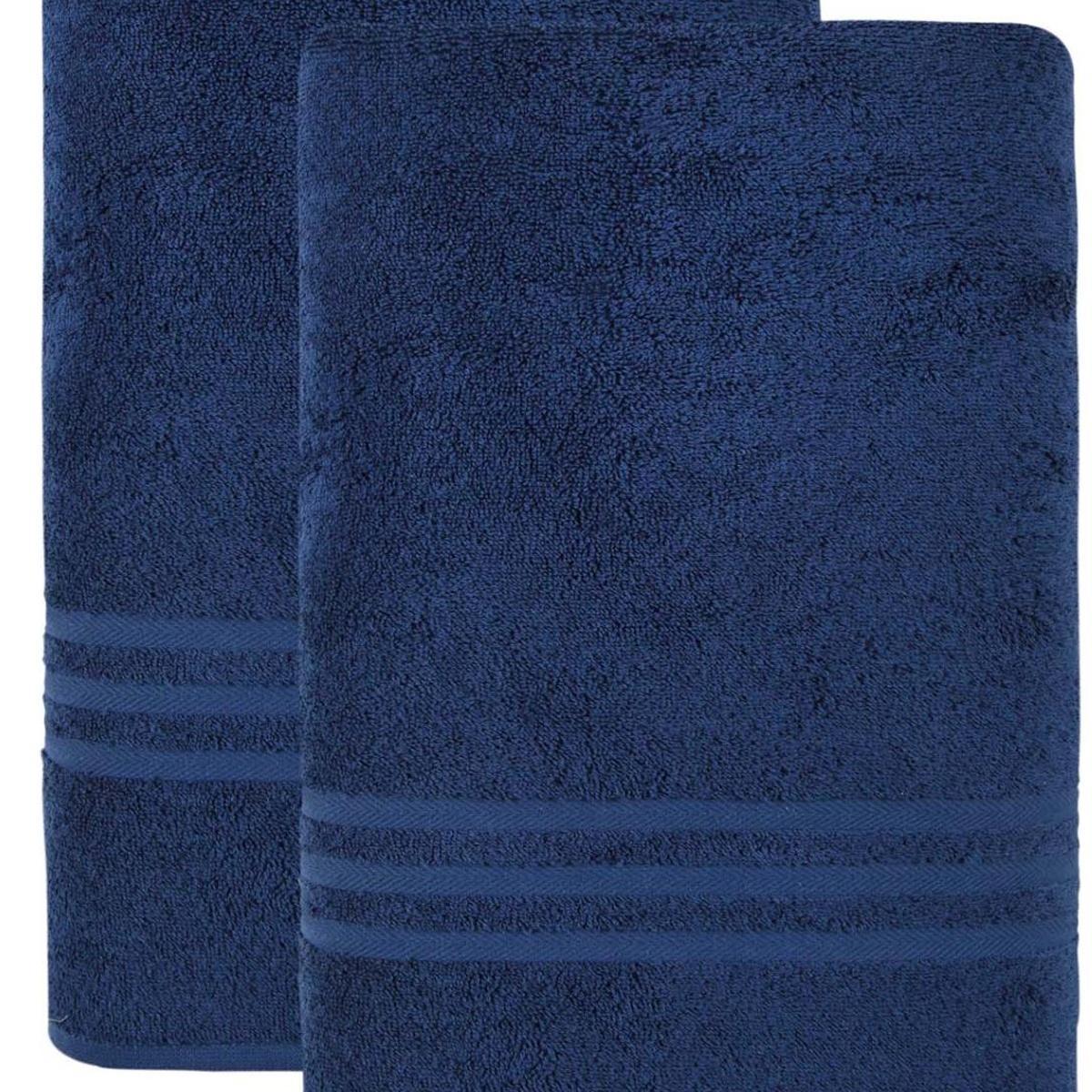 Navy blue bath sheet with terry texture and stitched border bands