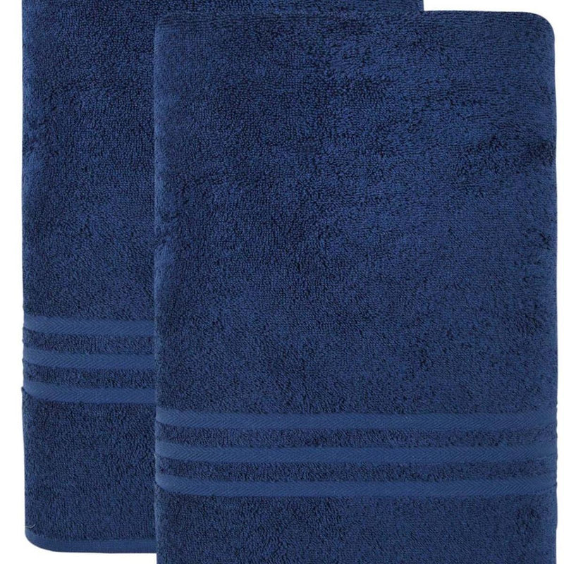 Navy blue bath sheet with terry texture and stitched border bands