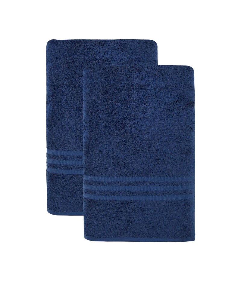Set of two navy blue bath sheets, folded with striped band detail