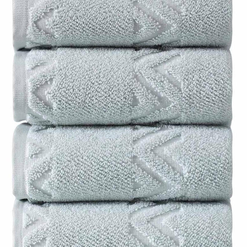 Aqua Turkish cotton hand towels close-up, folded terry with geometric chevron accents