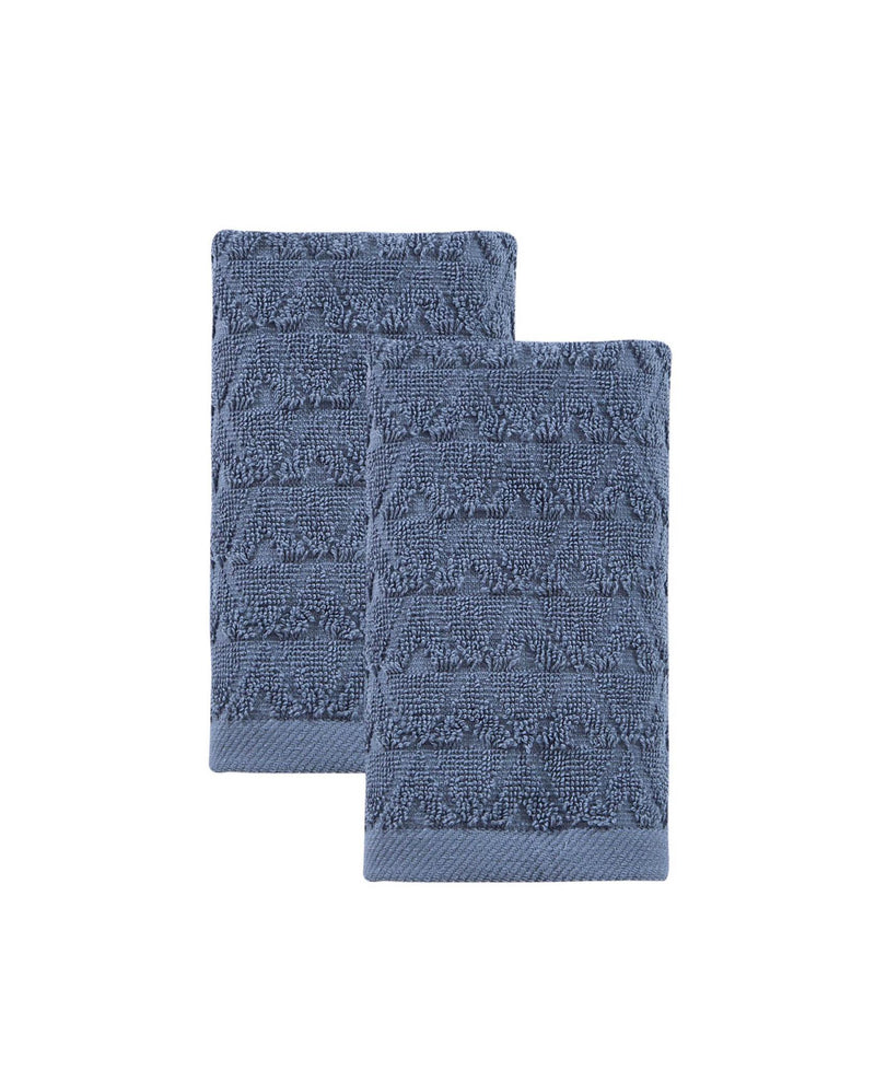 Navy geometric Turkish cotton hand towels, two flat folded pieces