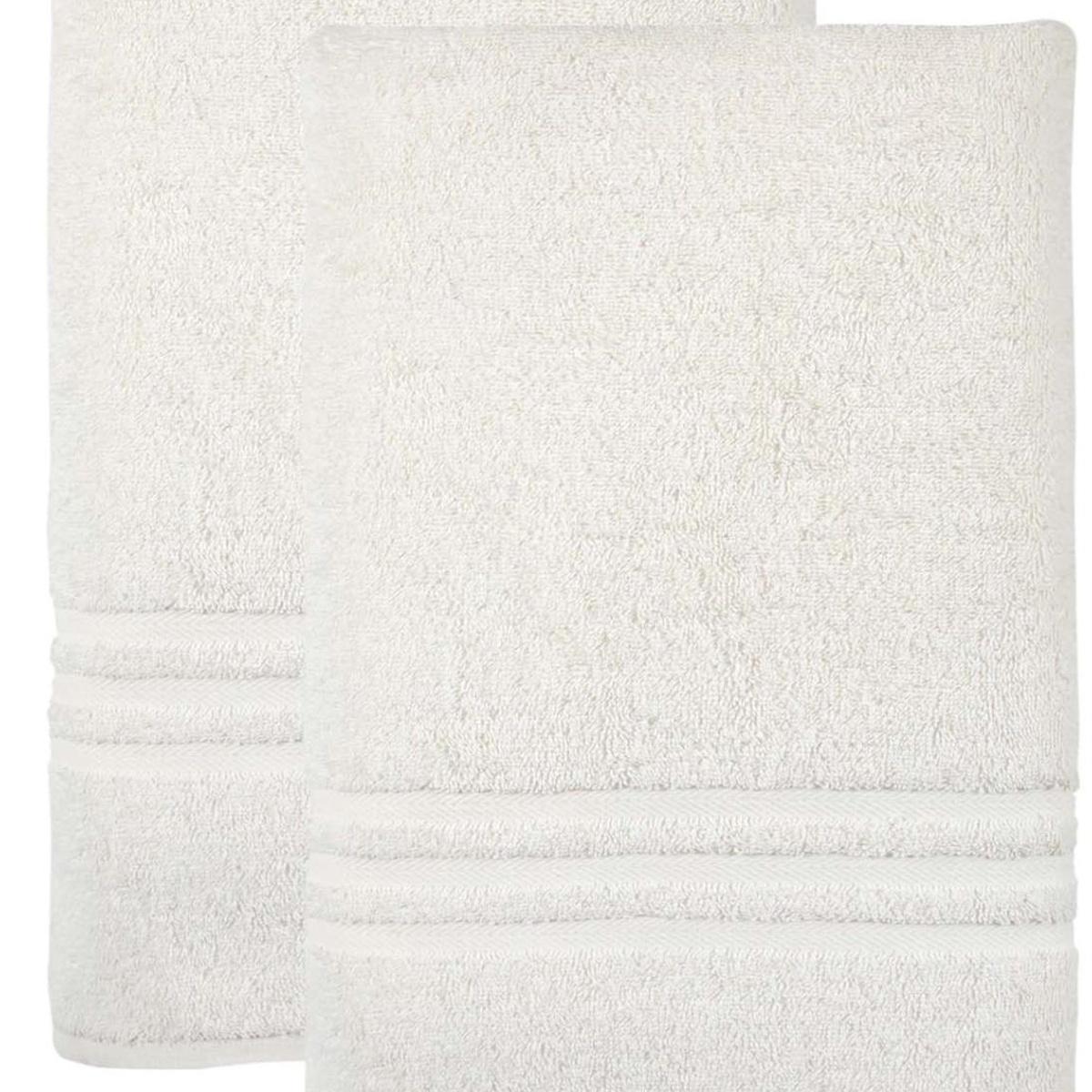 Set of two light beige bath sheets with stitched border and folded hem