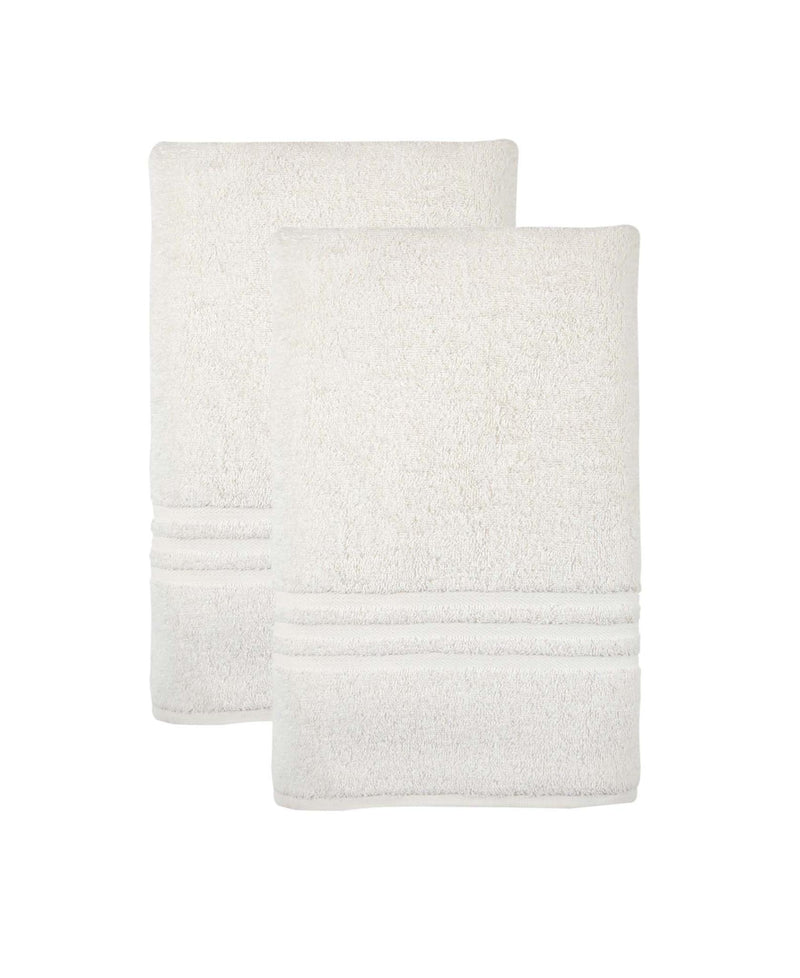 Set of two light beige bath sheets, stacked with matching stitched borders