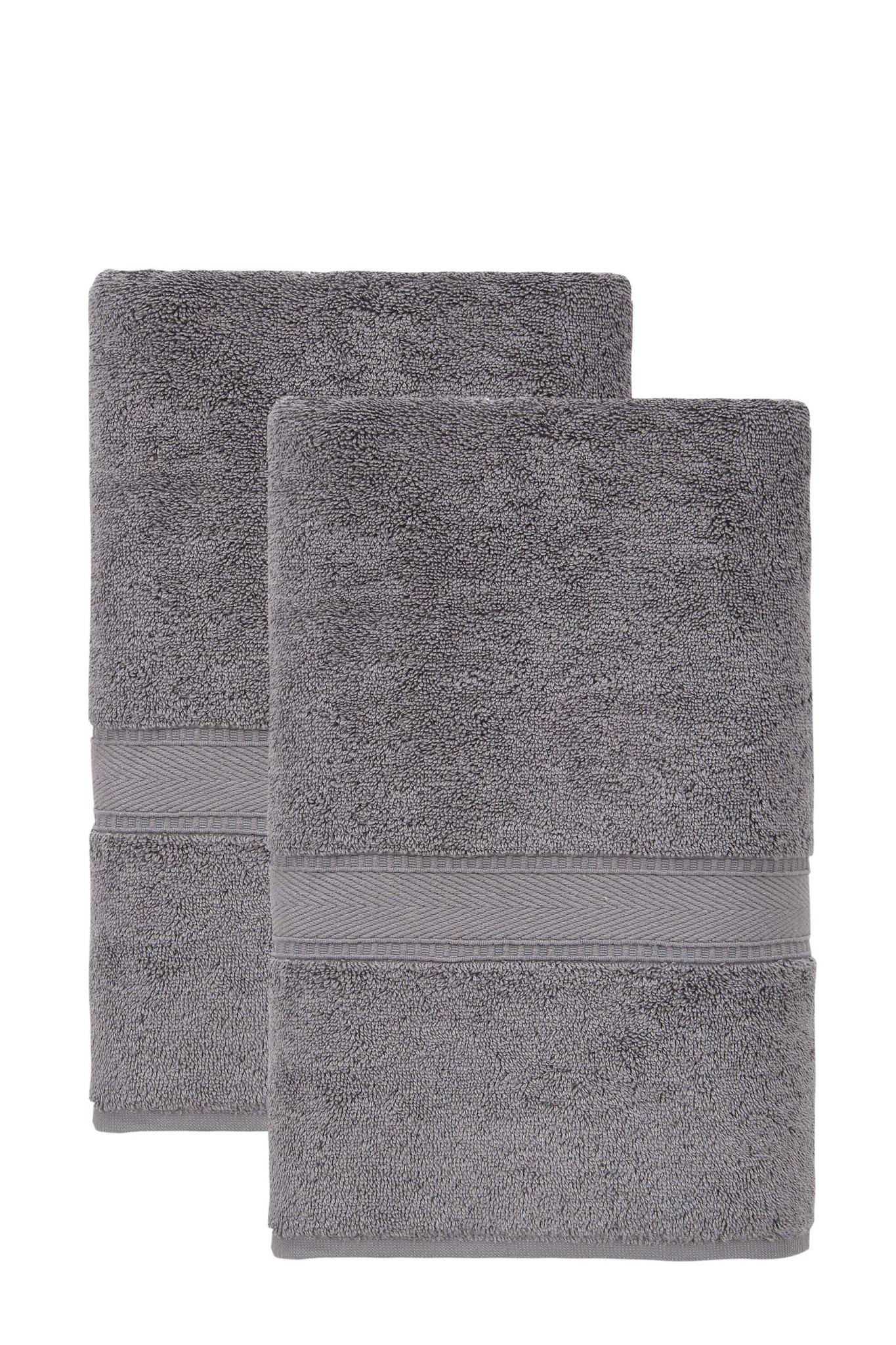 Two dark gray bath sheets stacked, each with light gray stripe border