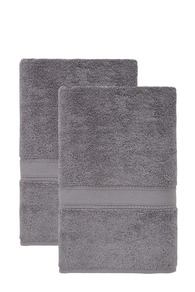 Two dark gray bath sheets stacked, each with light gray stripe border