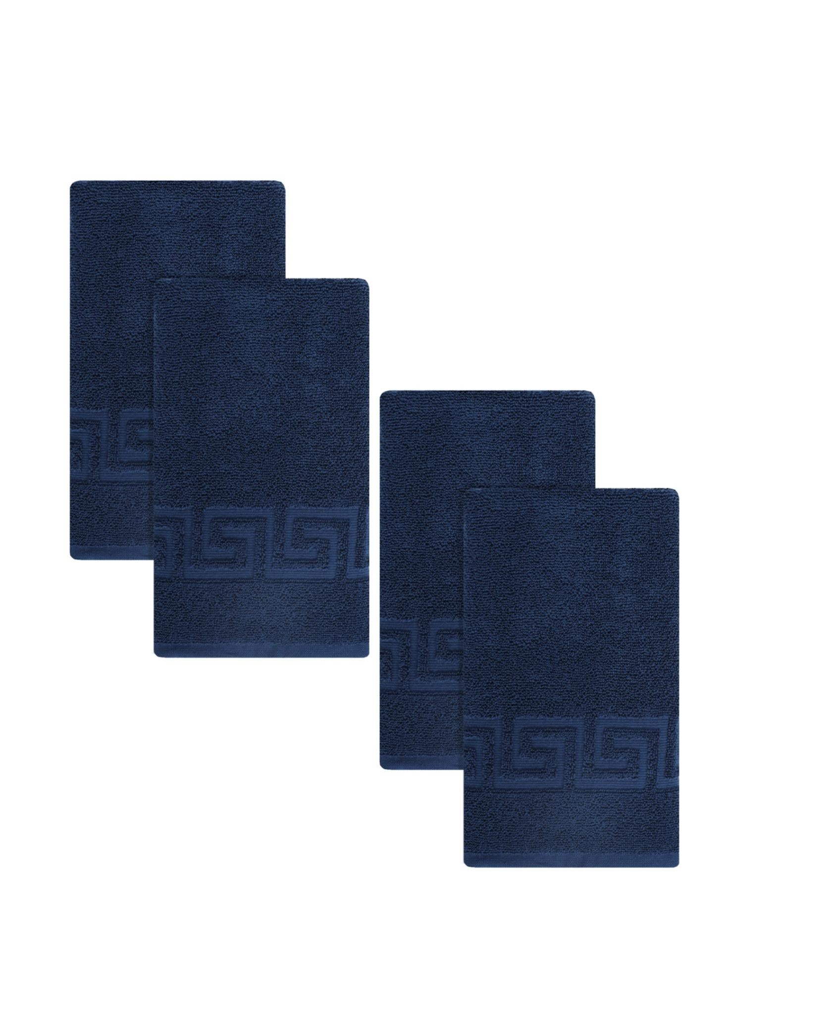 Set of four navy bath towels with Greek key border, folded display