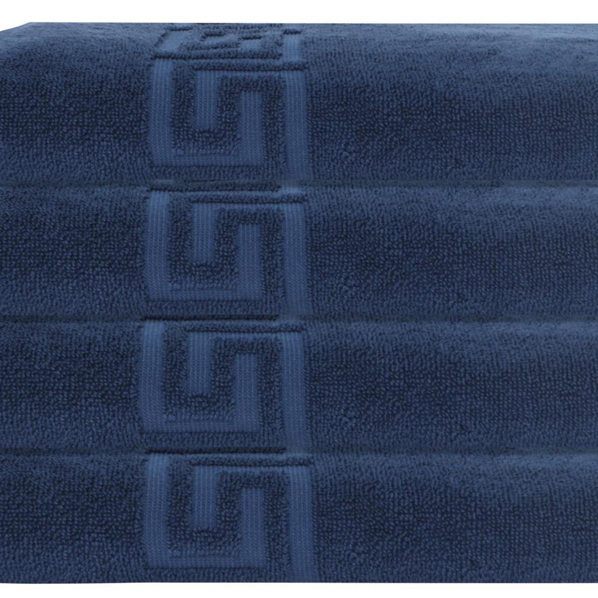 Navy Turkish cotton bath towel close-up with Greek key pattern bands