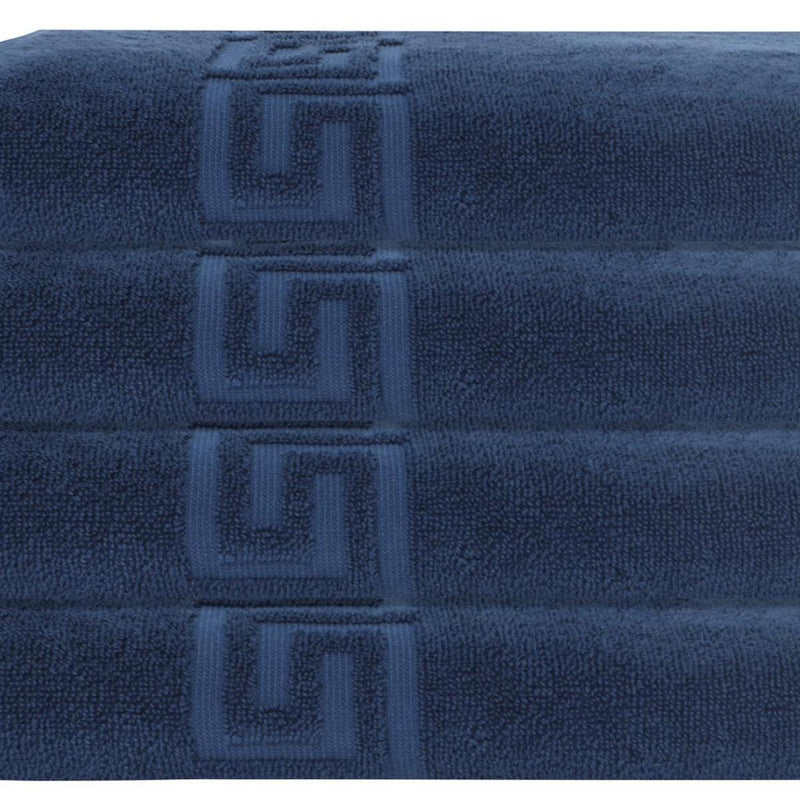 Navy Turkish cotton bath towel close-up with Greek key pattern bands