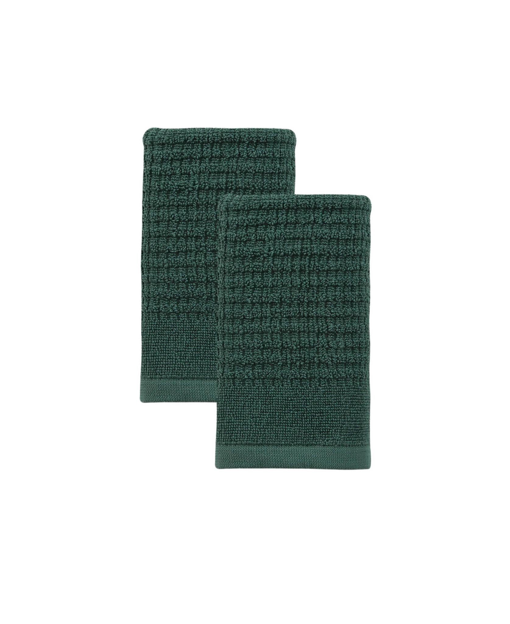 Set of two green woven Turkish cotton hand towels, folded, 16 x 30 in