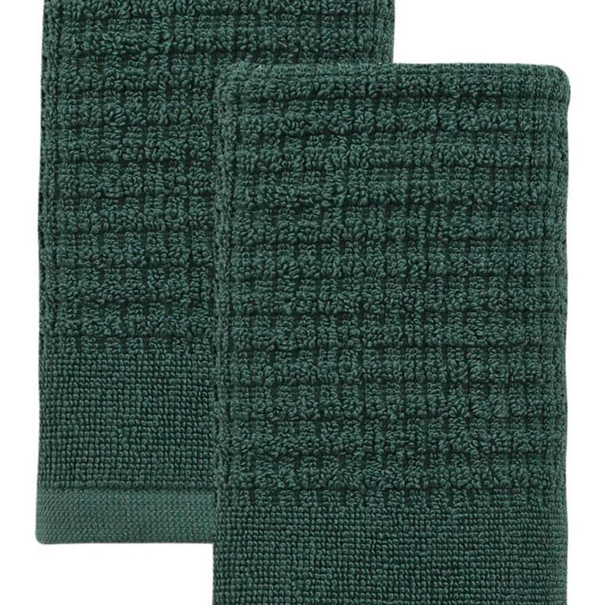 Green Turkish cotton hand towel with textured looped weave, close-up
