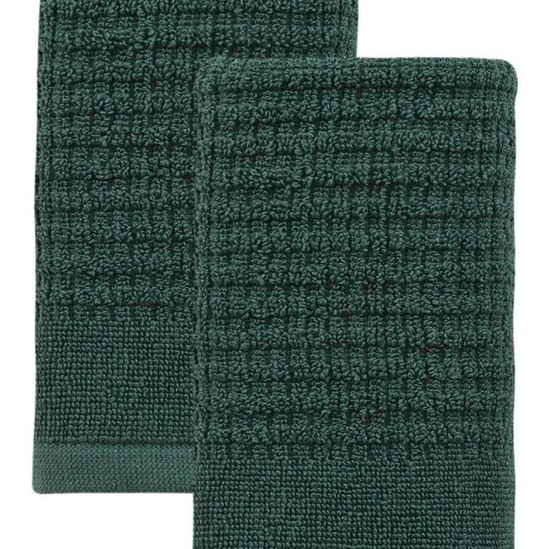 Green Turkish cotton hand towel with textured looped weave, close-up