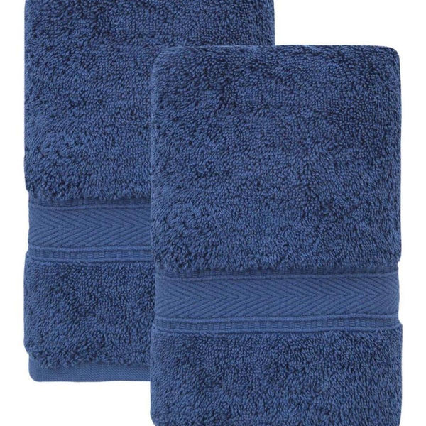 Set of two navy hand towels, textured loops with horizontal stitched bands