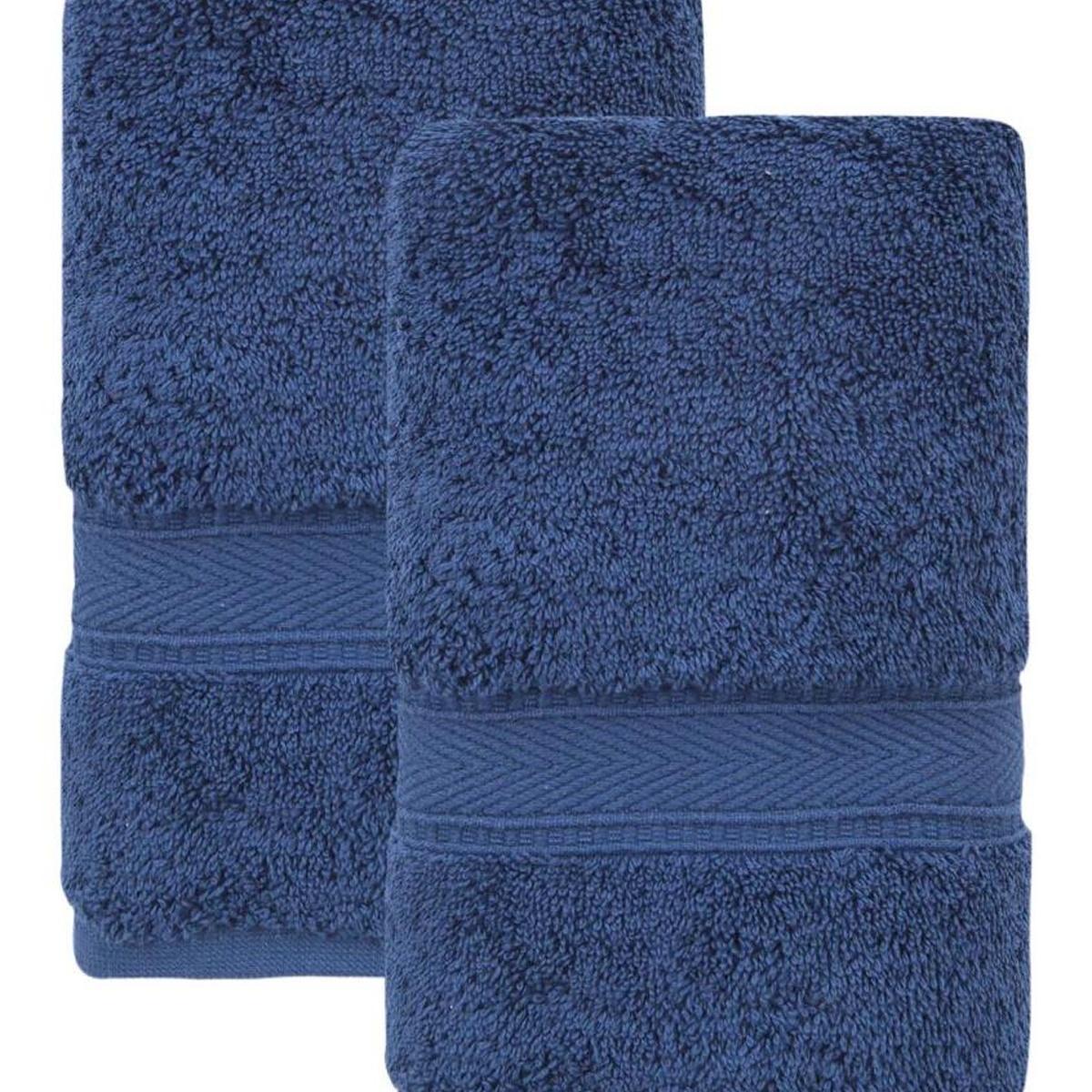 Set of two navy Turkish cotton hand towels with textured pile and stitched border bands