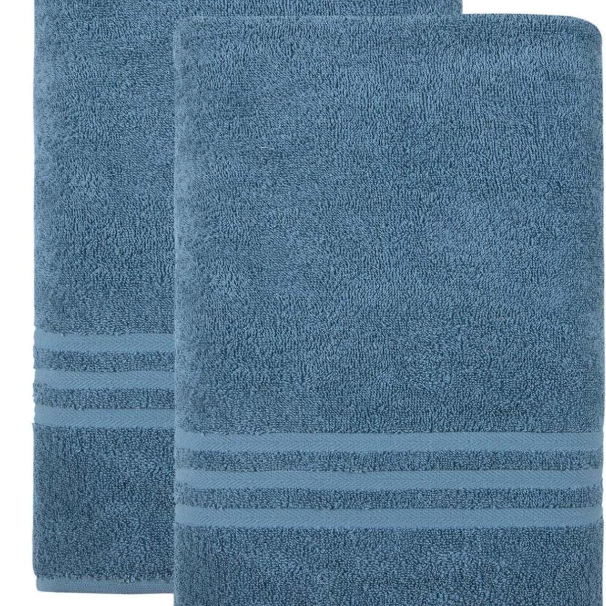 Turkish cotton bath sheet close-up, blue terry texture with horizontal stripe band
