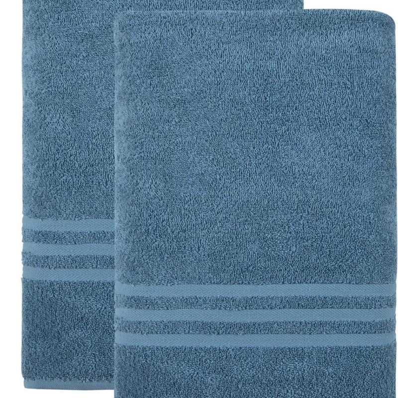 Turkish cotton bath sheet close-up, blue terry texture with horizontal stripe band