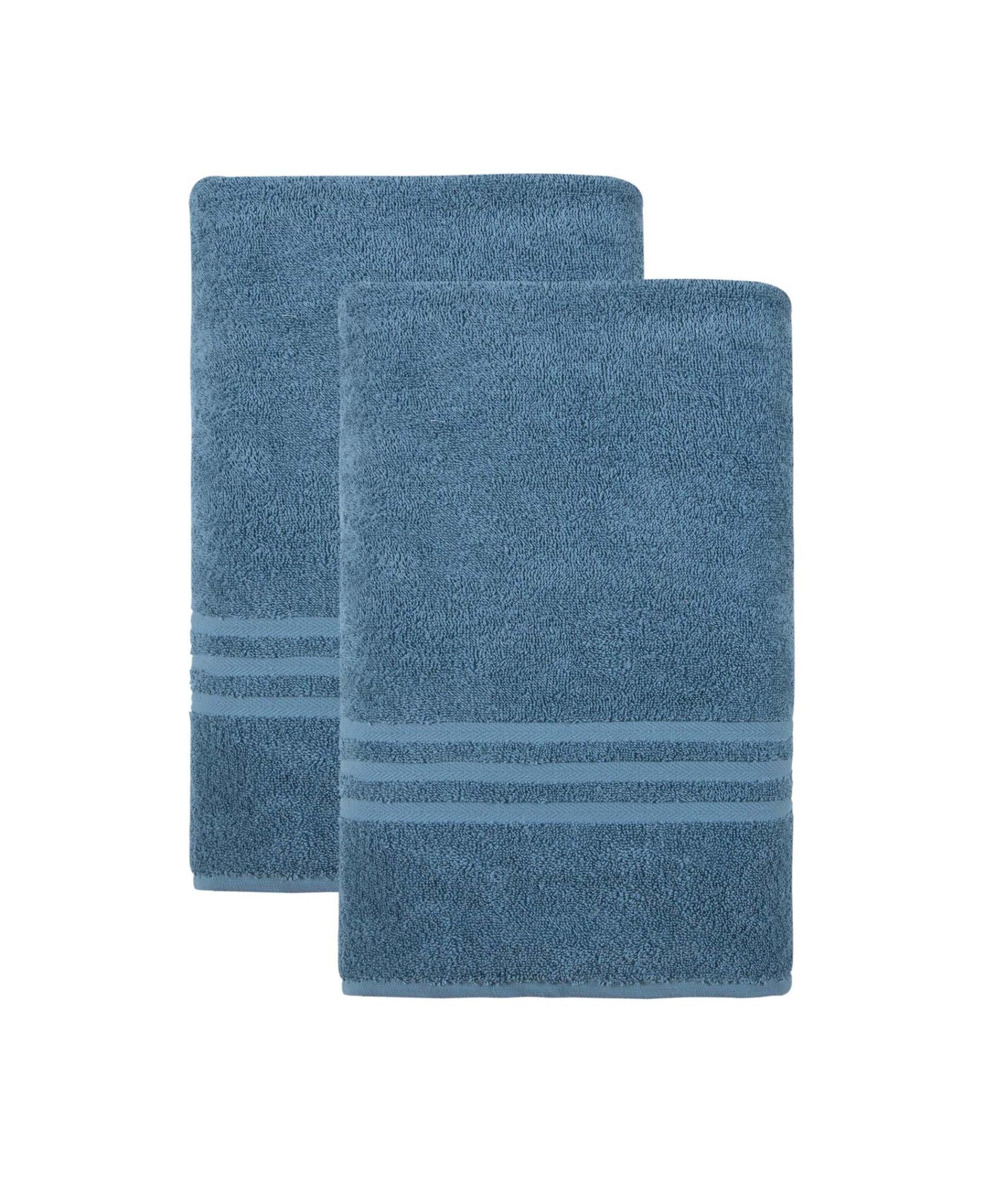 Set of two aqua Turkish cotton bath sheets, stacked folded blue towels with stripe trim