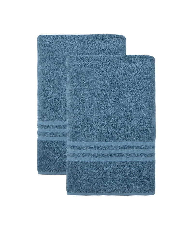Set of two aqua Turkish cotton bath sheets, stacked folded blue towels with stripe trim