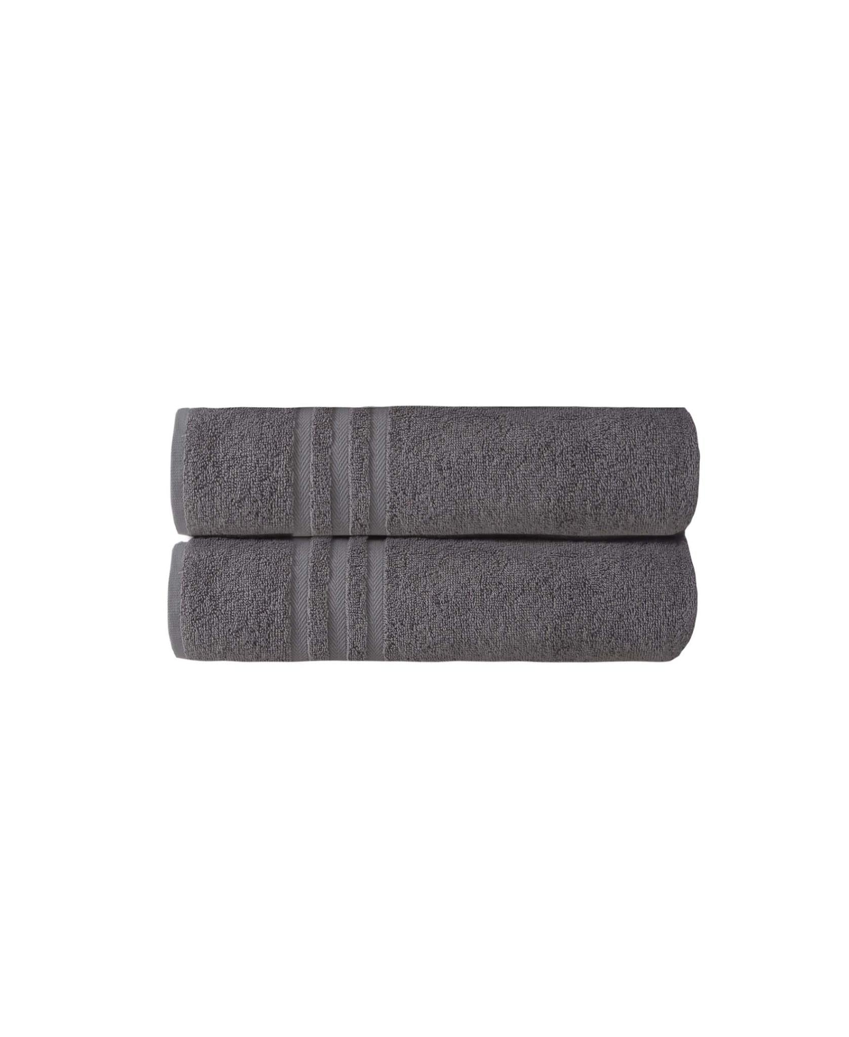 Set of two dark gray Turkish cotton bath sheets, neatly stacked, striped border