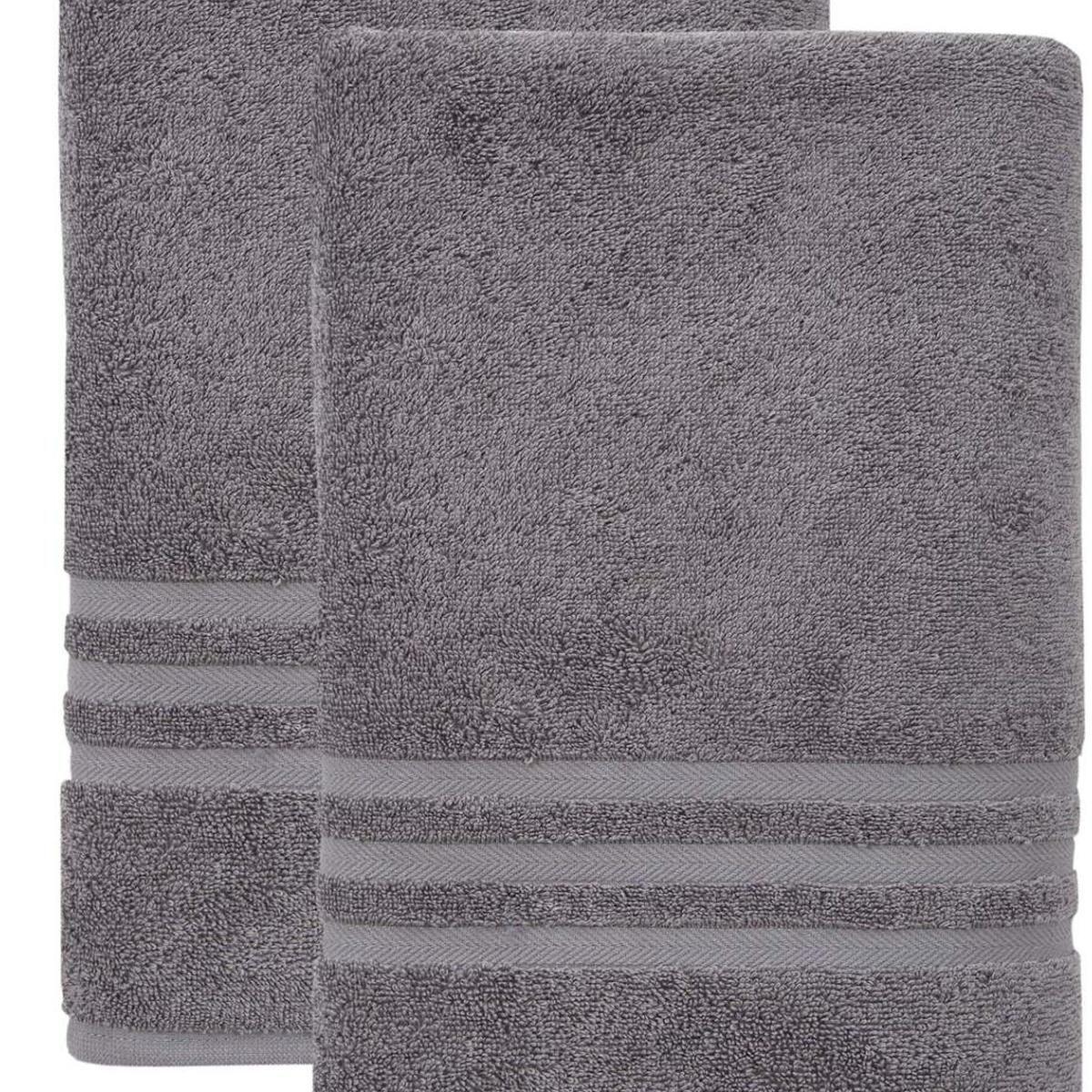 Dark gray bath sheet with textured loop pile and striped banded edge