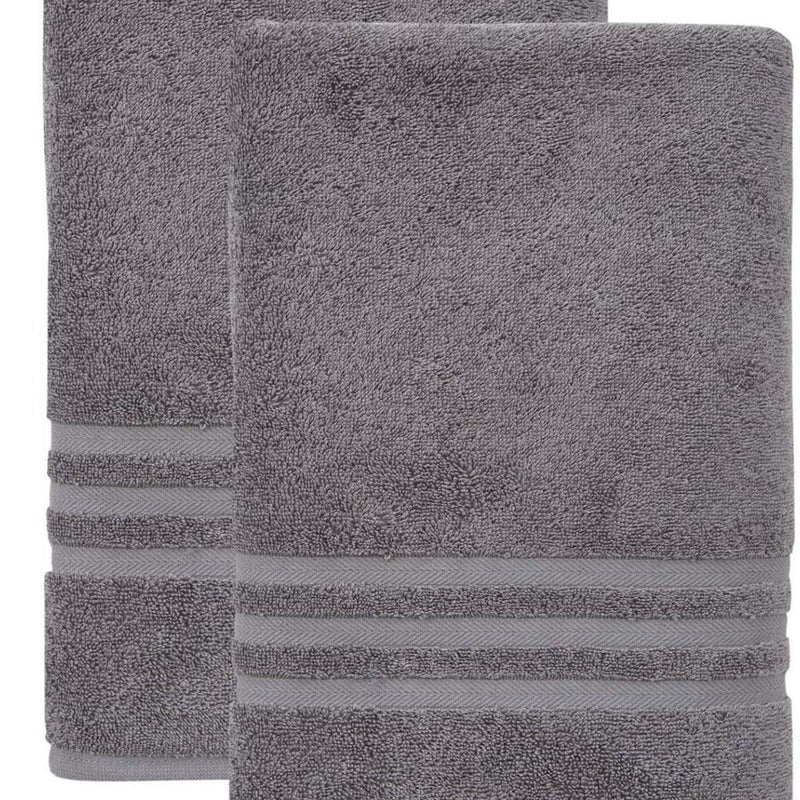 Dark gray bath sheet with textured loop pile and striped banded edge