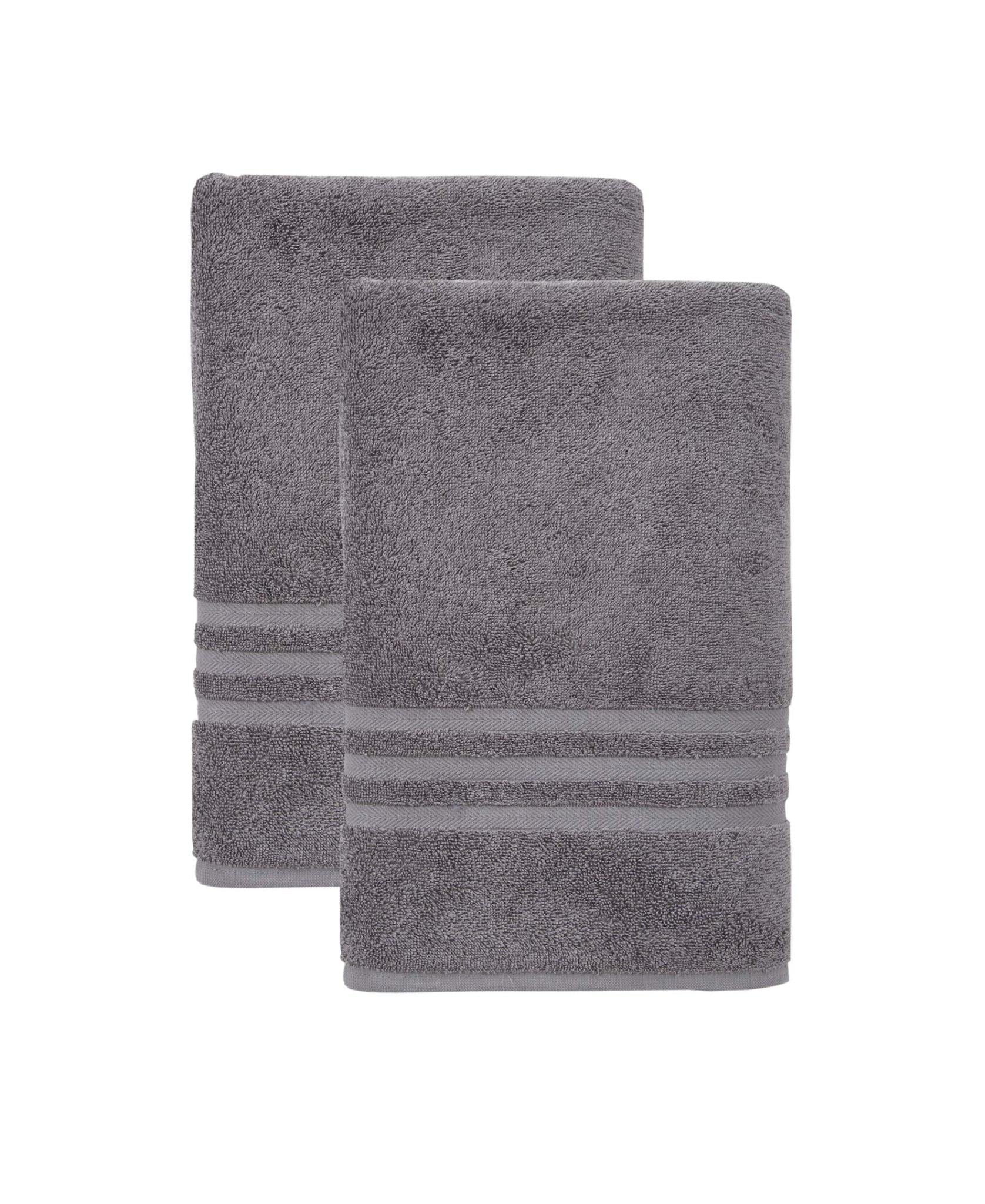 Pair of dark gray bath sheets with striped banded trim, folded
