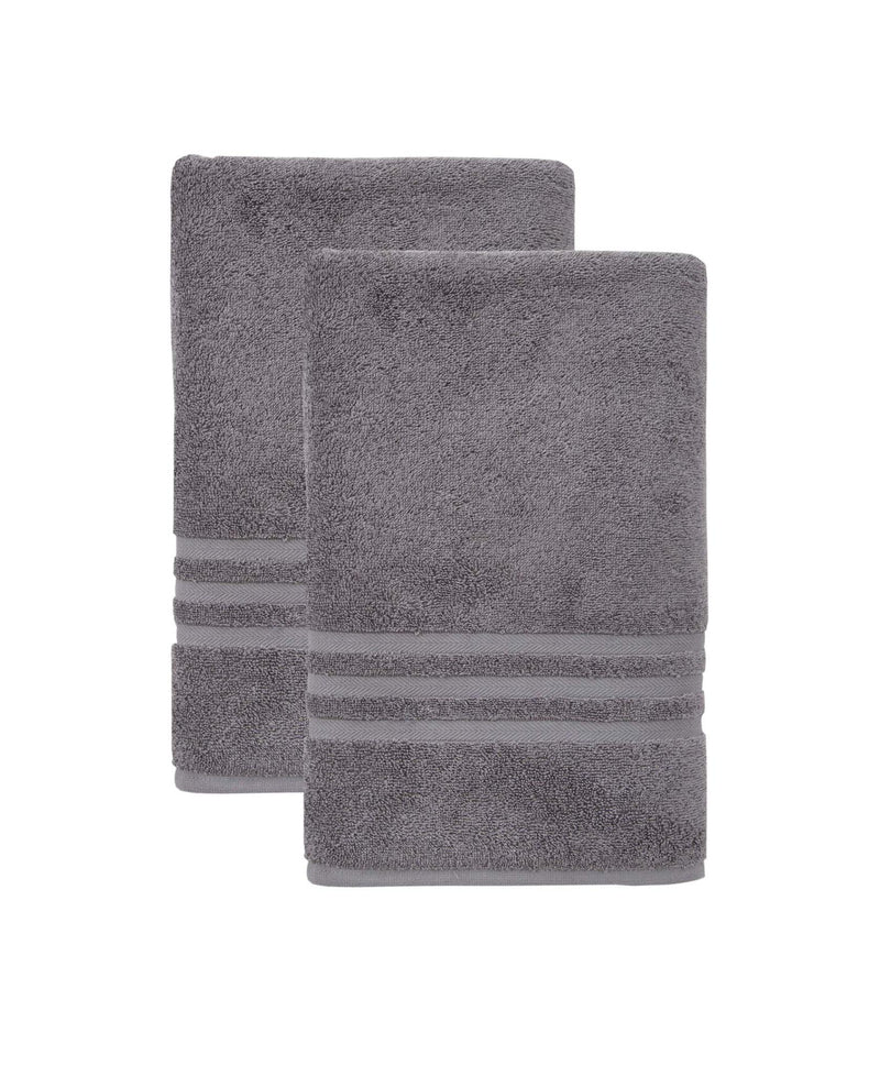 Pair of dark gray bath sheets with striped banded trim, folded