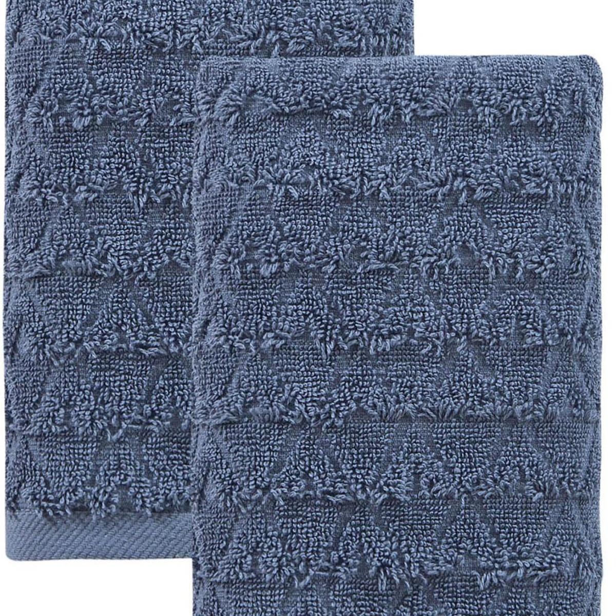 Navy Turkish cotton bath towels with geometric pattern, textured looped surface