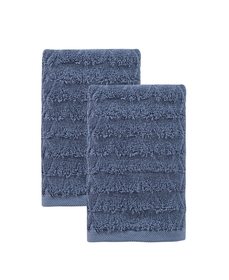 Set of two navy geometric bath towels, folded with textured looped weave