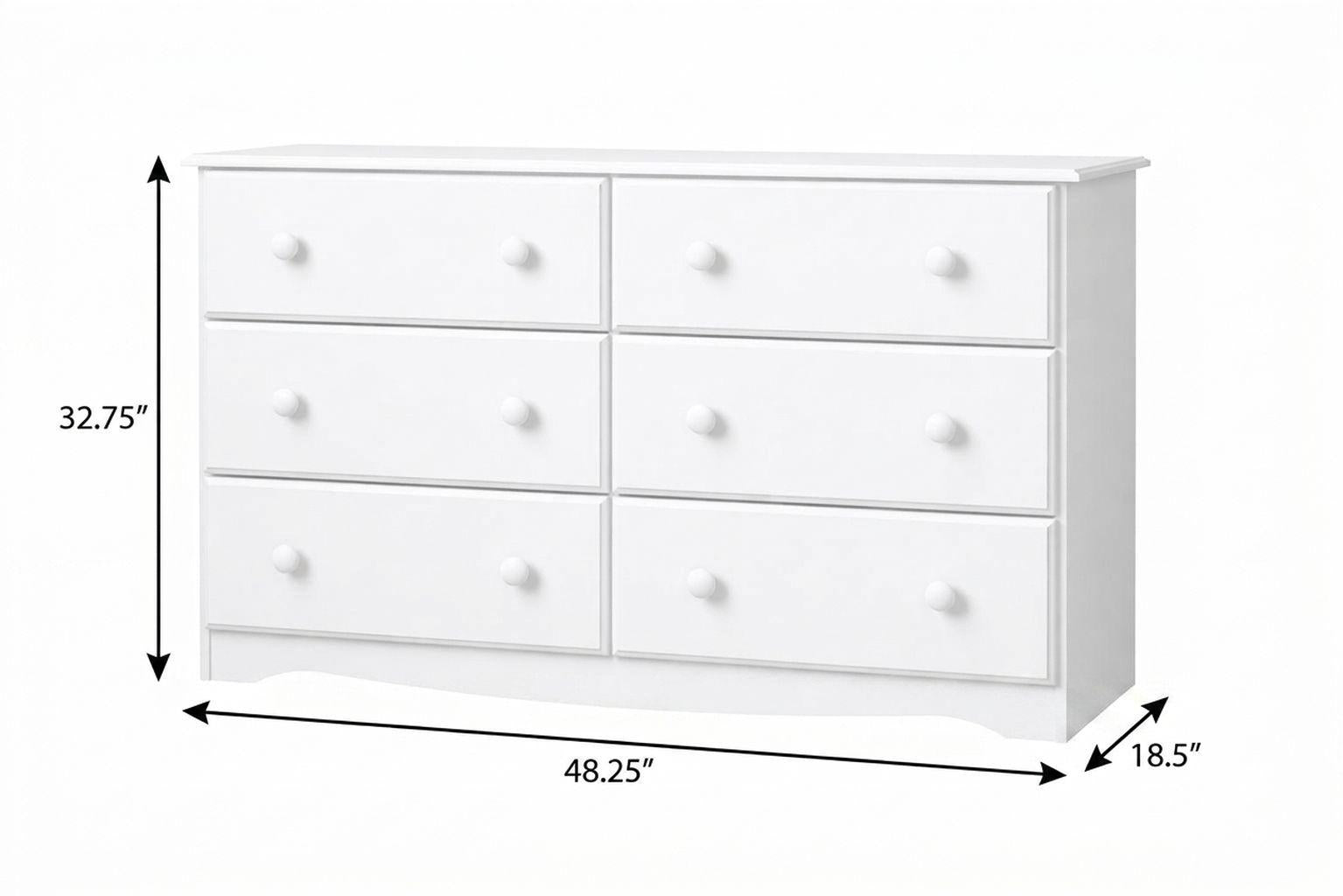 White six-drawer dresser with 6 drawer fronts and round knobs, measurement arrows