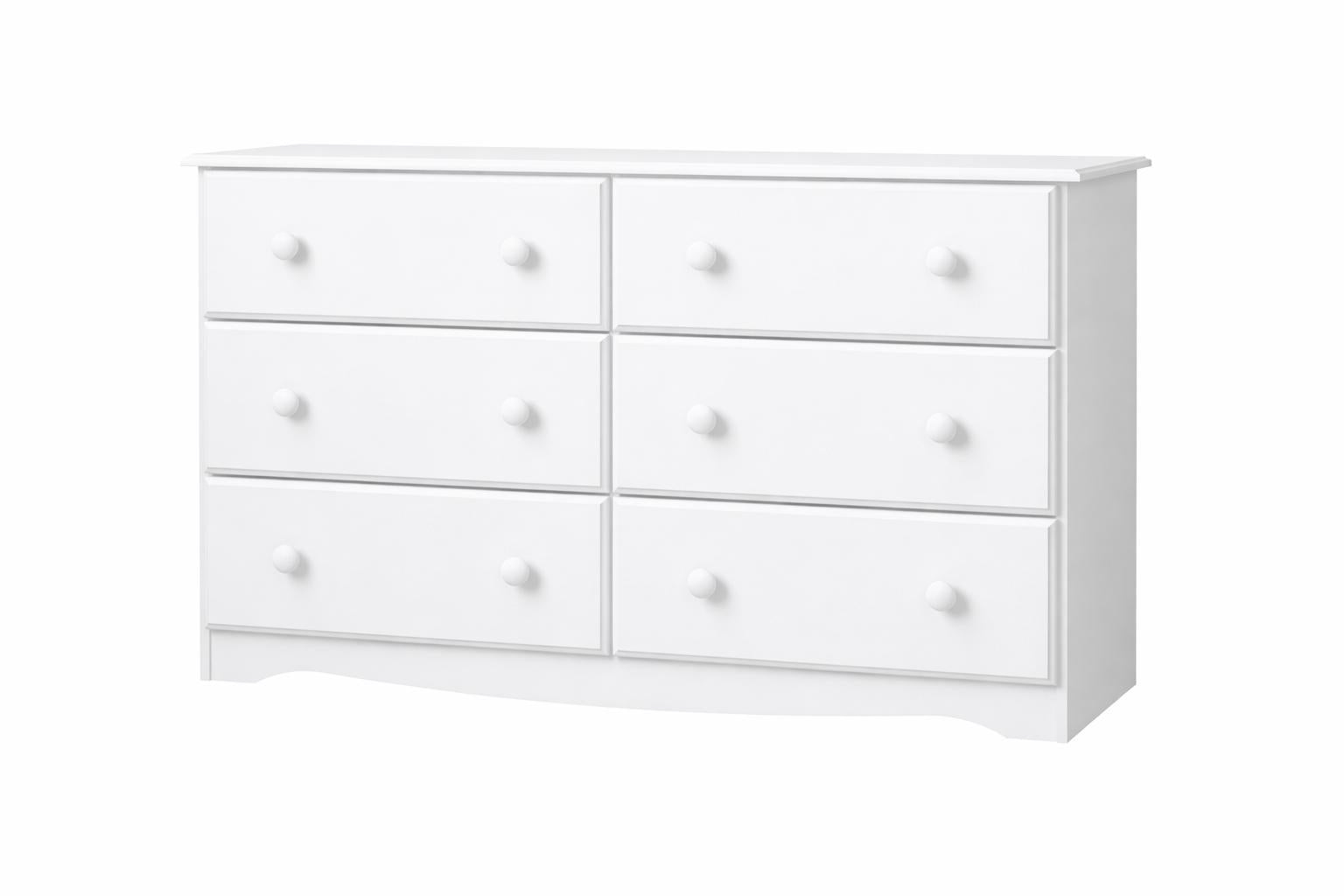 White six-drawer dresser with six drawers and round knobs, front view