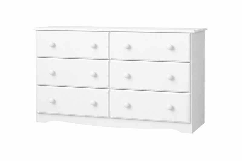 White six-drawer dresser with six drawers and round knobs, front view