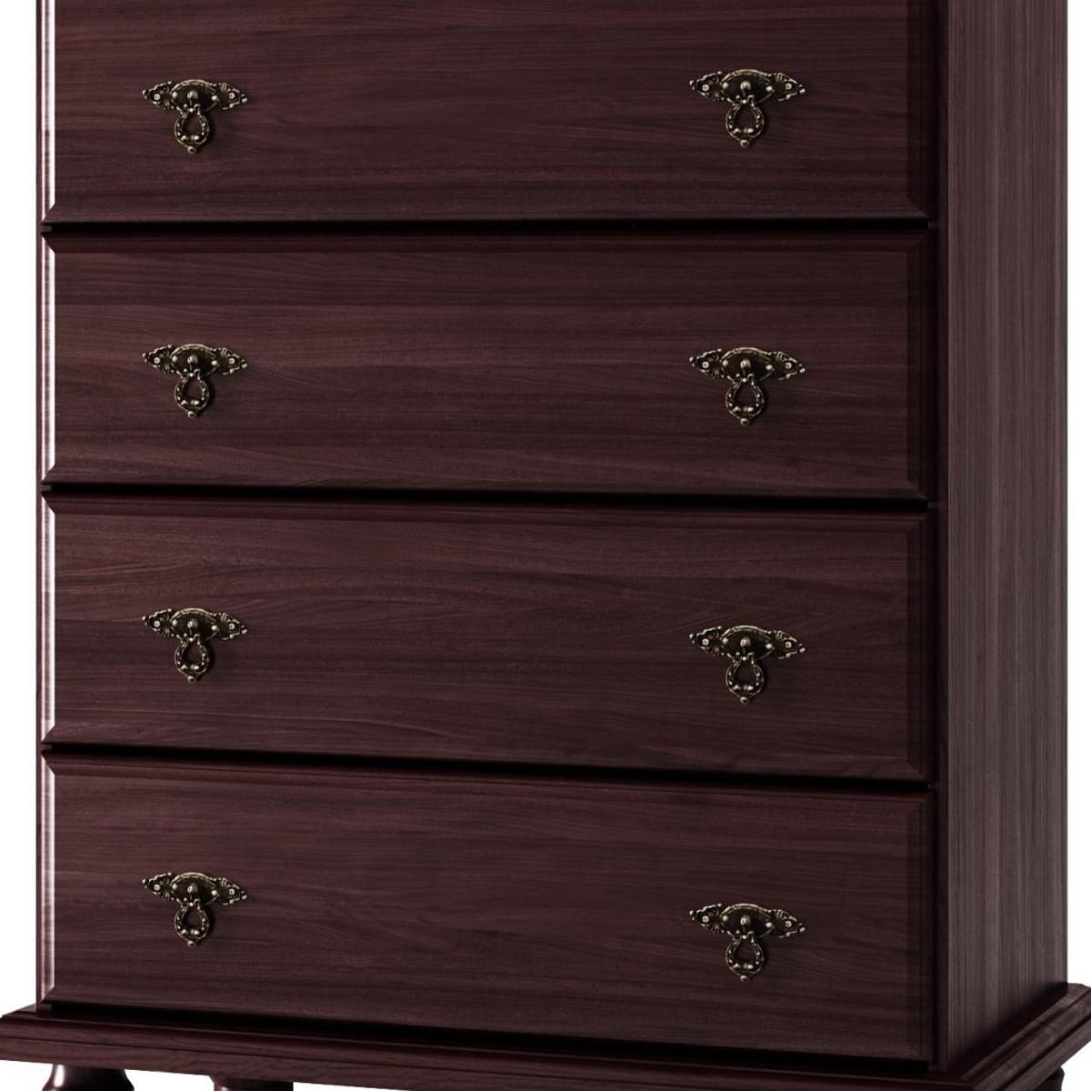 Dark brown solid wood dresser front with four drawers and ornate metal pulls