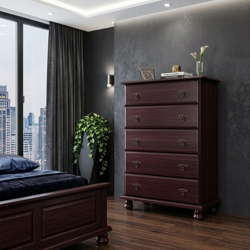 Dark brown solid wood dresser with five drawers and decorative metal drawer pulls