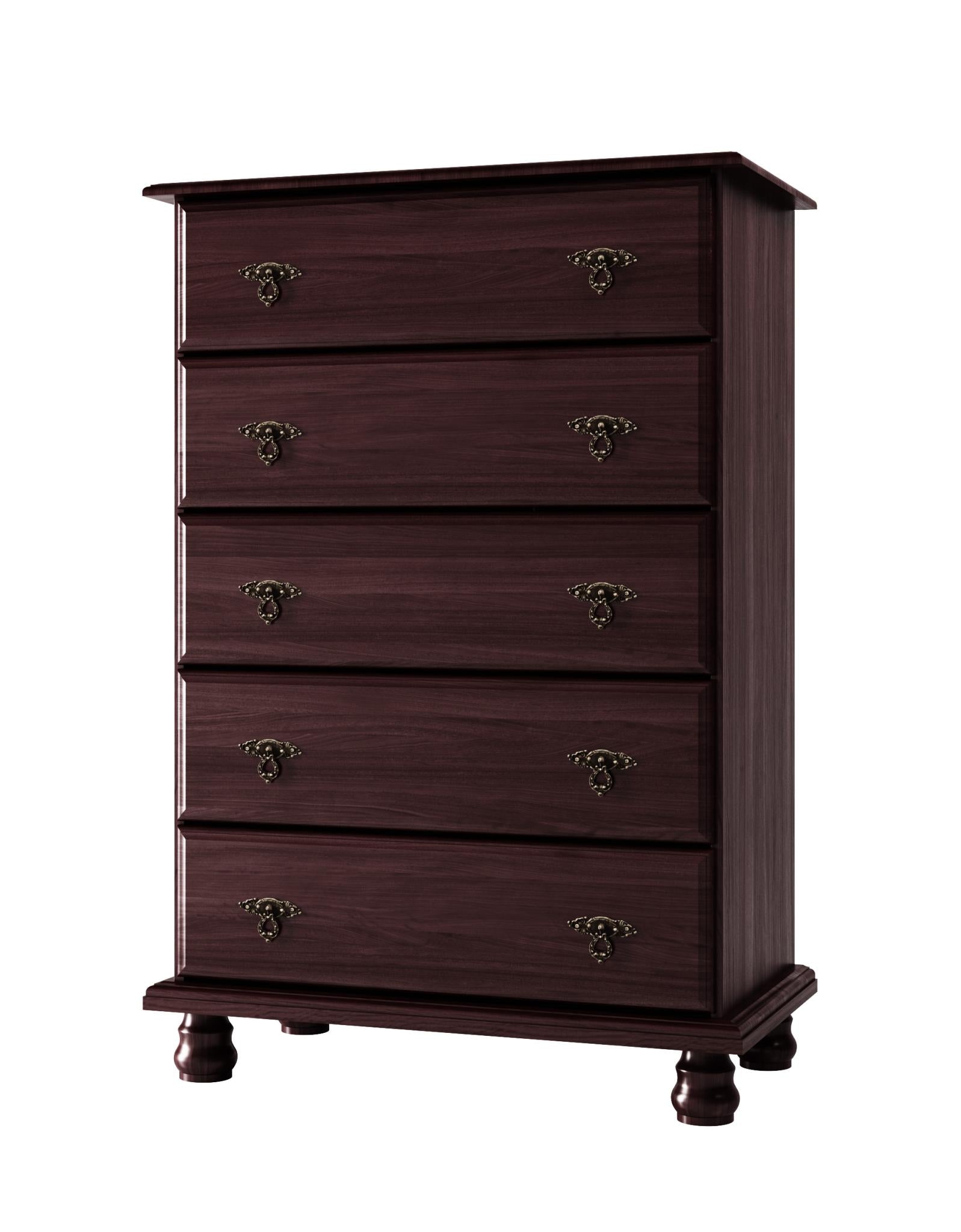 Dark brown five-drawer dresser with ornate metal pulls and turned front legs