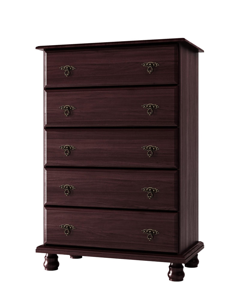 Dark brown five-drawer dresser with ornate metal pulls and turned front legs