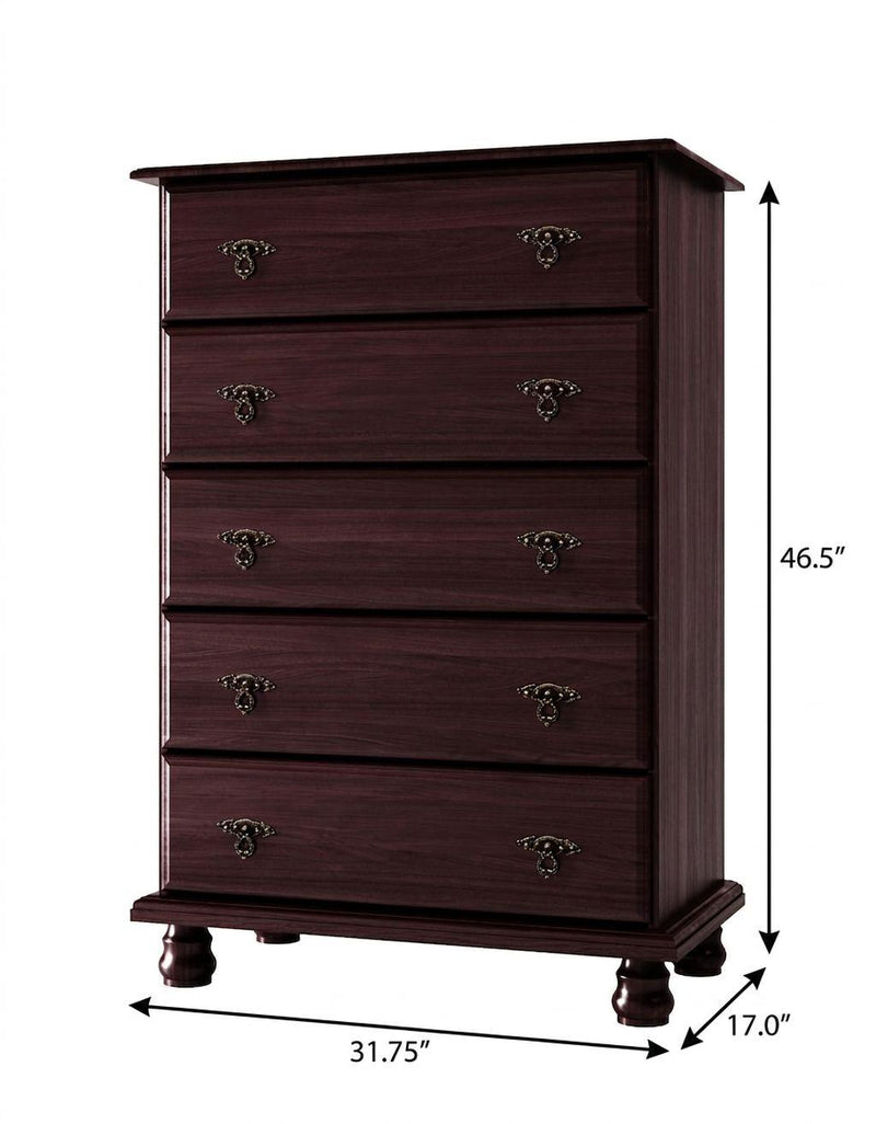 Dark brown five-drawer dresser with carved base feet and metal handle pulls