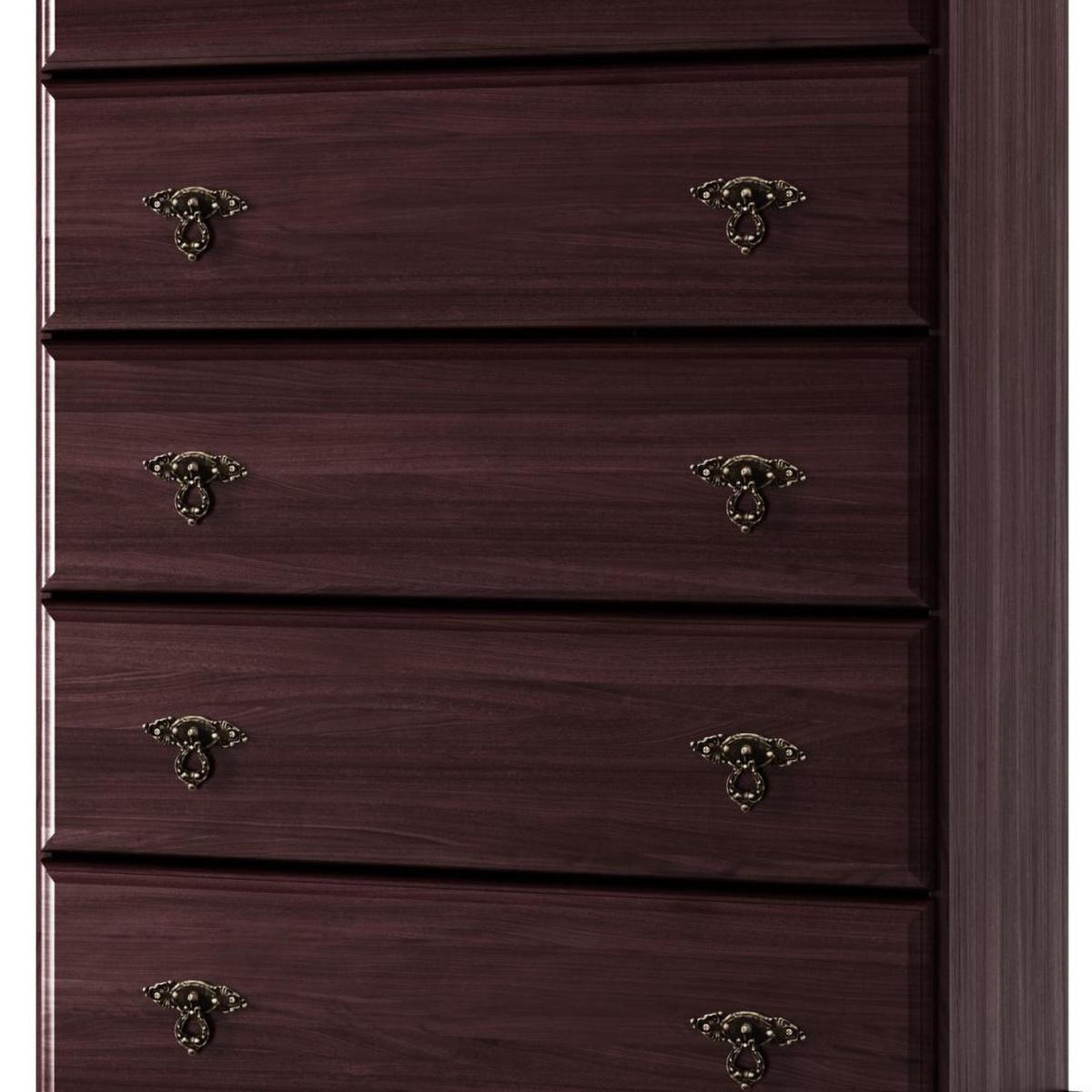 Close-up of dark brown dresser drawers with ornate metal pull handles