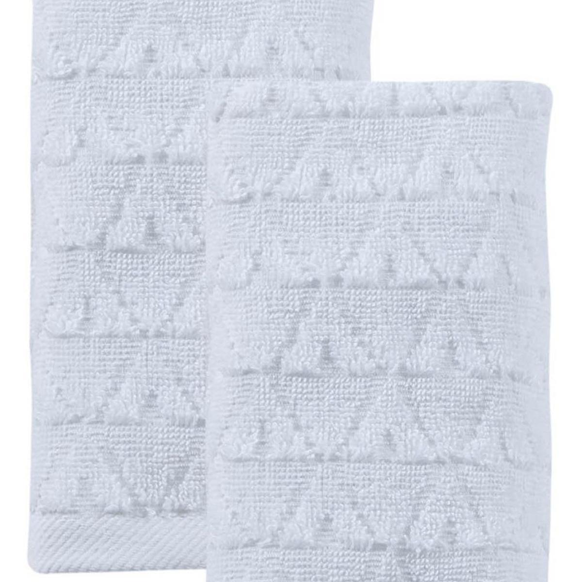 Set of two white Turkish hand towels with geometric woven pattern, 27x54 in