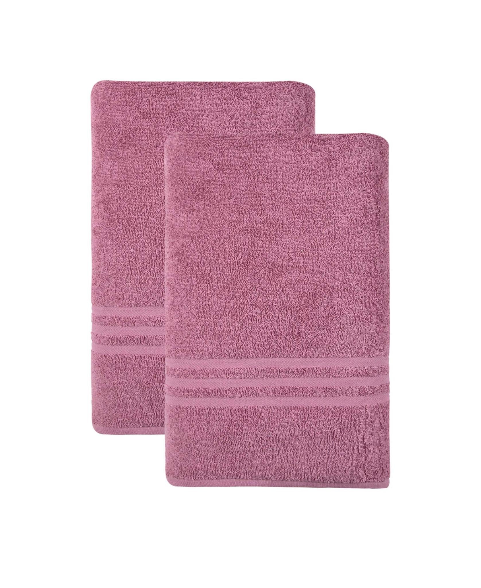 Set of two pink bath towels with folded edges and horizontal striped band trim