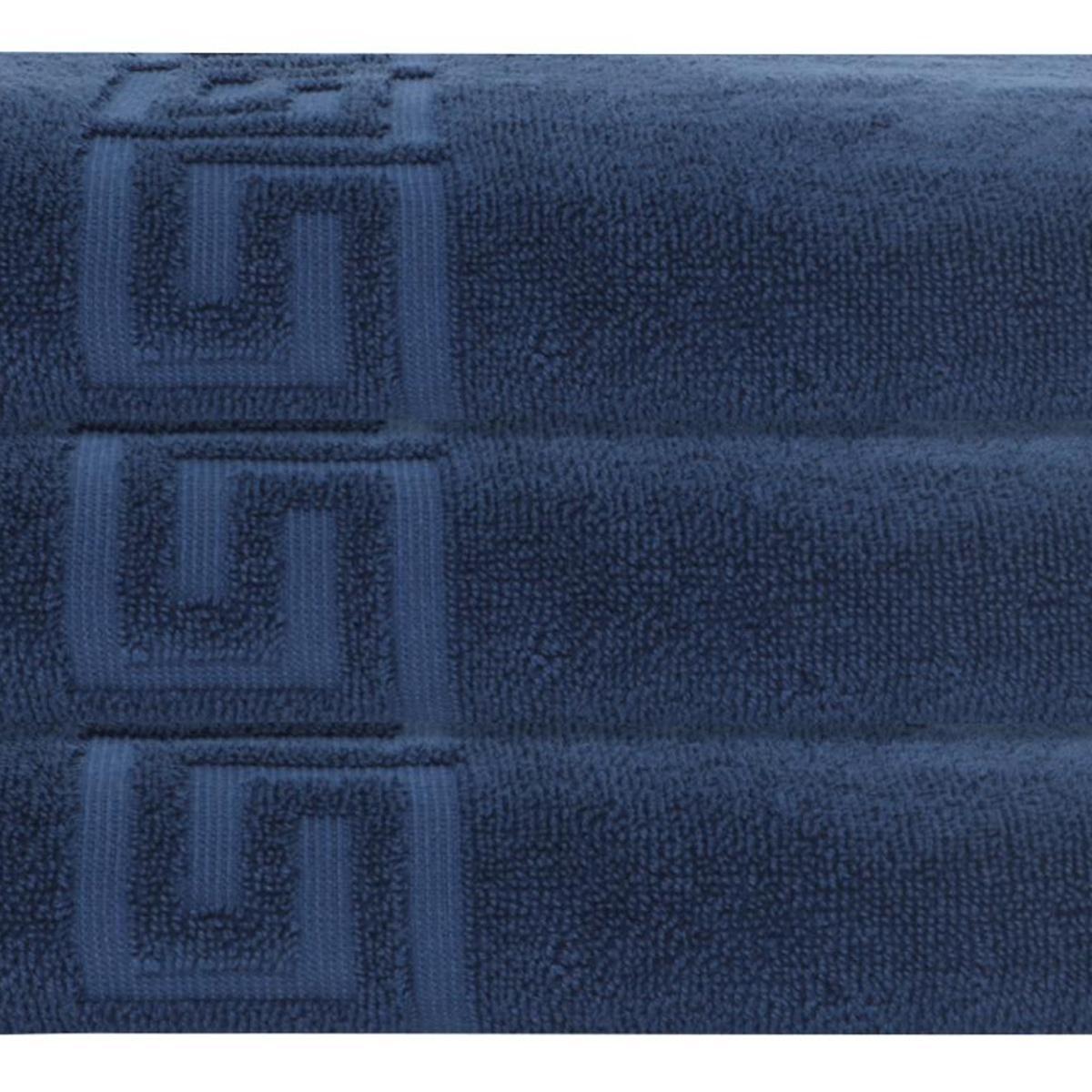 Navy Turkish cotton bath towels with Greek key border, textured loop pile