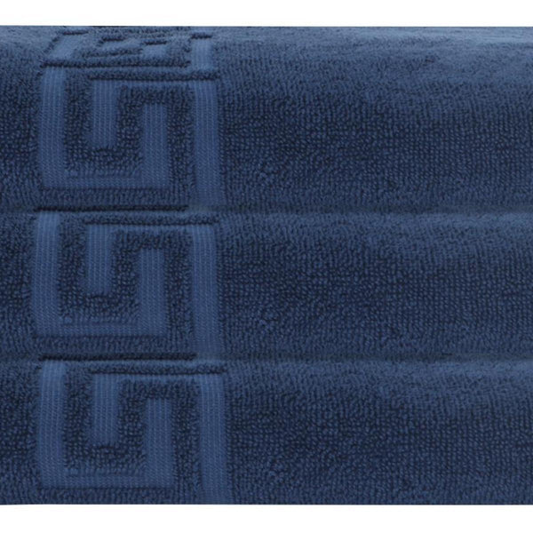 Navy Turkish cotton bath towels with Greek key border, textured loop pile
