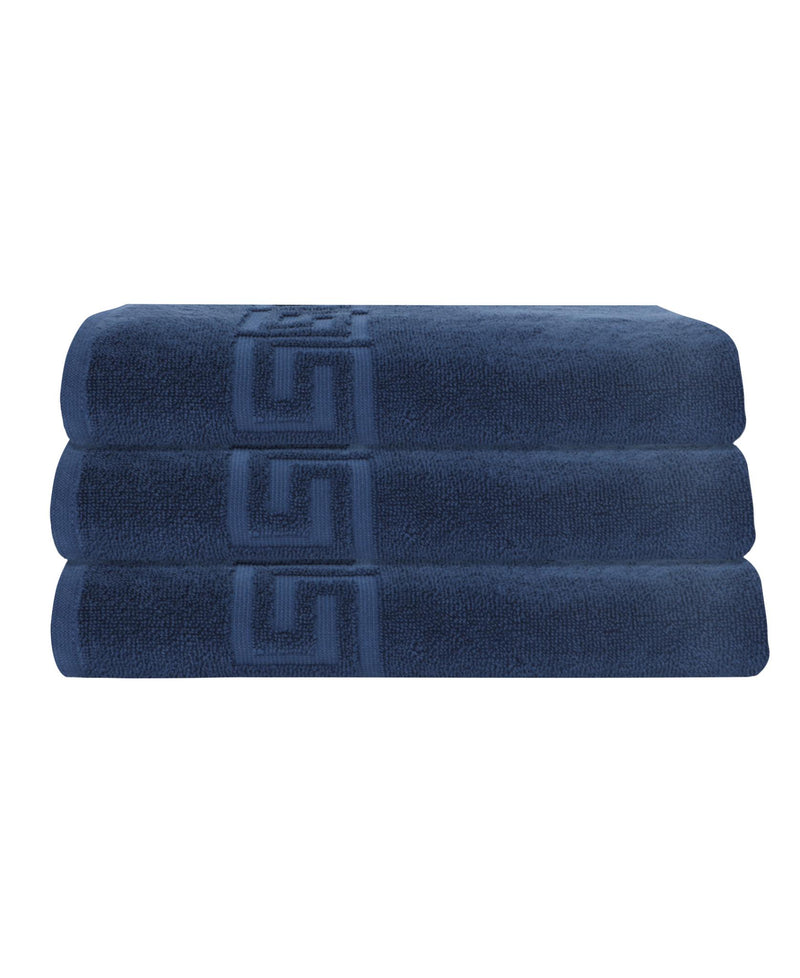 Navy bath towel set of three with stitched Greek key medallion pattern