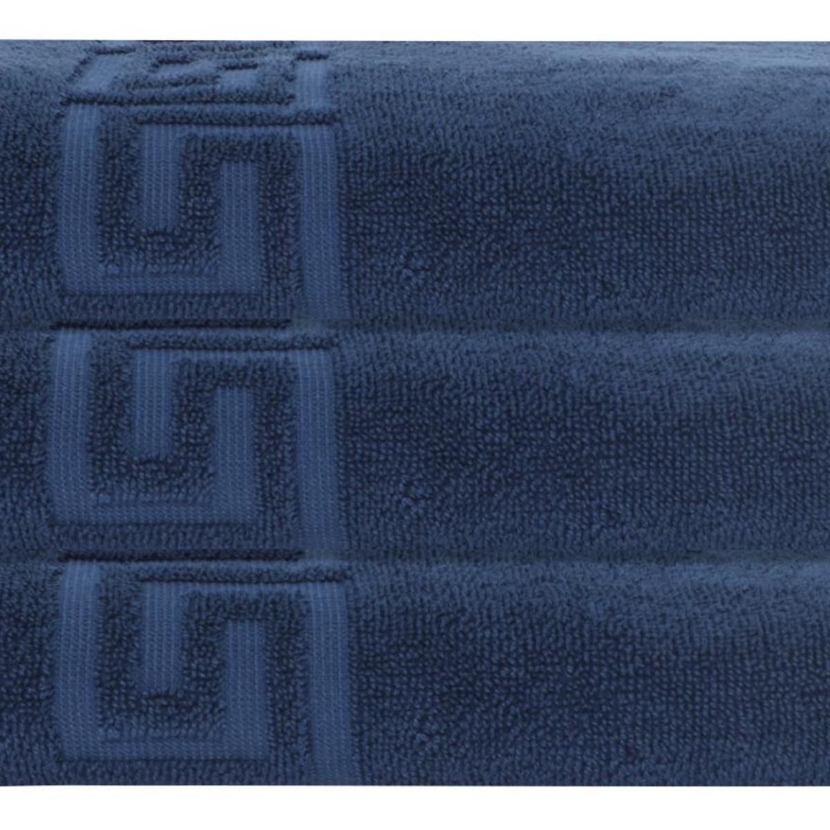 Navy bath towel fabric with Greek key motif in darker woven pattern