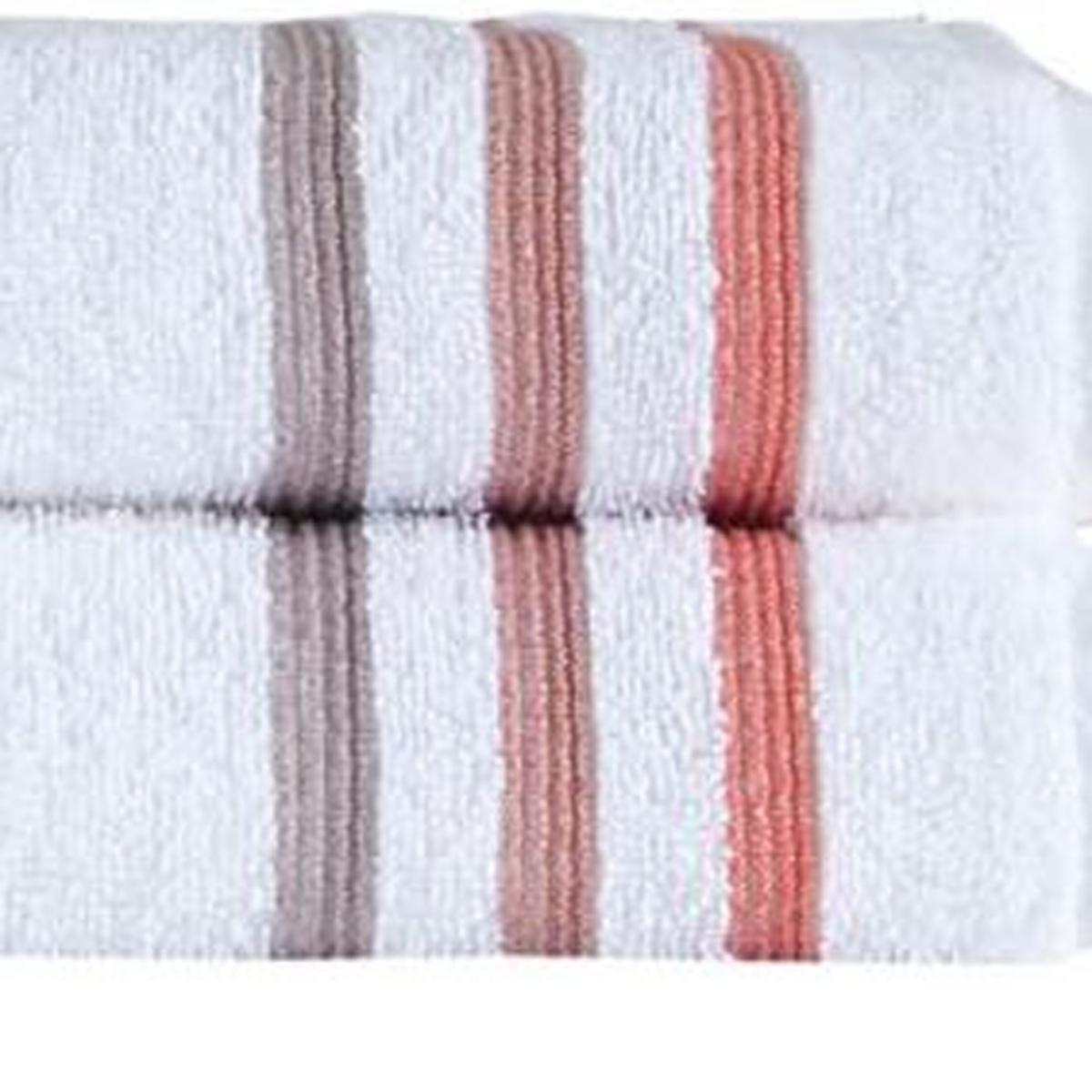 White Turkish cotton bath towel with tan and coral striped bands