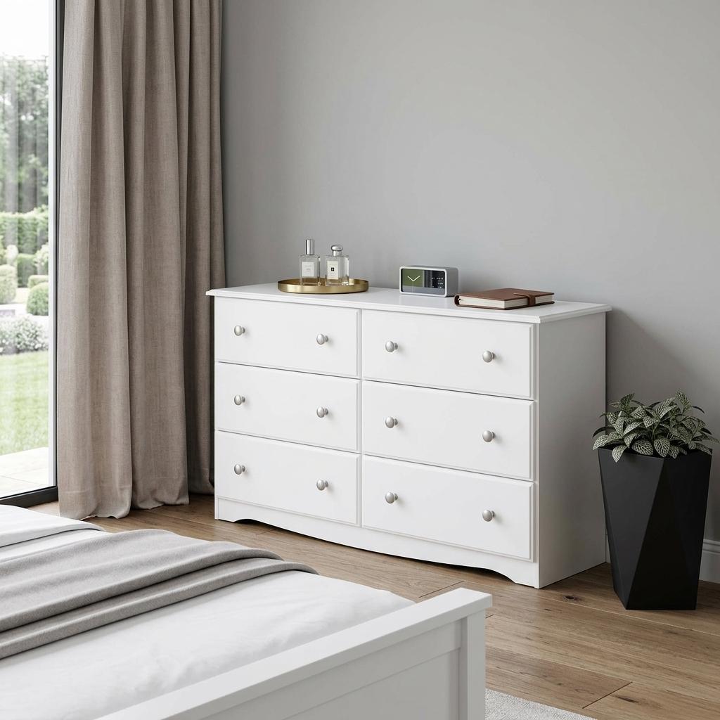 White six-drawer dresser in living room, six drawers with round silver knobs