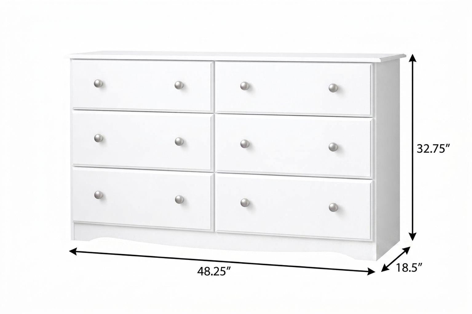 White six-drawer solid wood dresser with six front drawers and round silver knobs