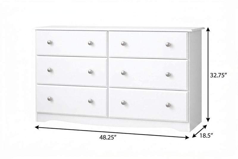 White six-drawer solid wood dresser with six front drawers and round silver knobs