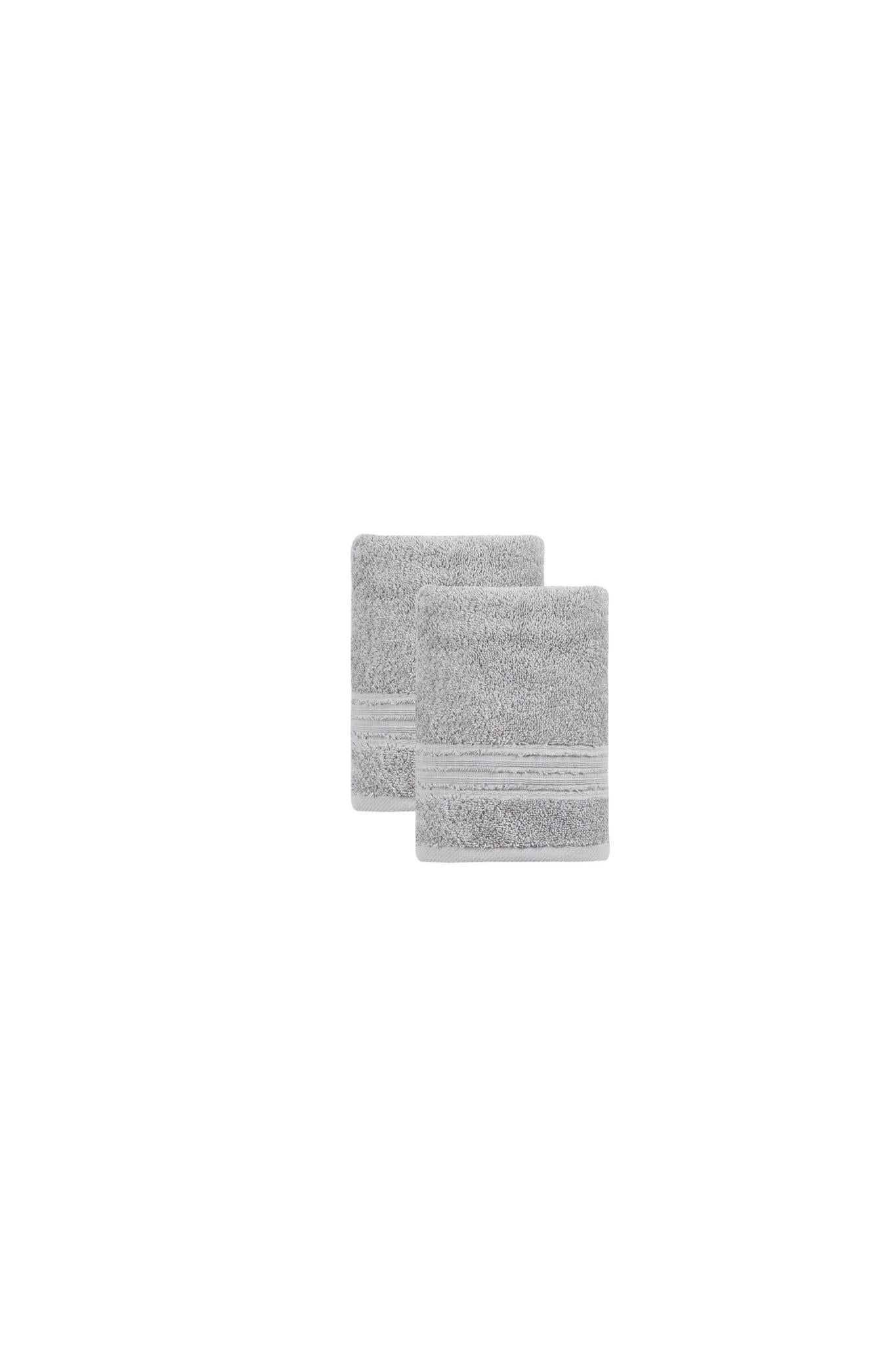 Set of two light gray Turkish cotton hand towels, folded with textured terry and striped hem