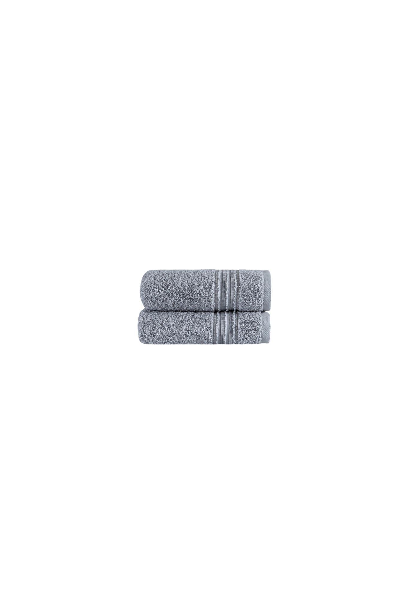 Two light gray Turkish cotton hand towels folded together, textured terry and striped seam