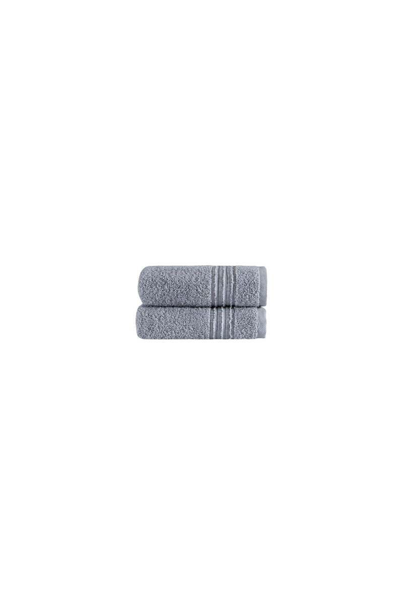 Two light gray Turkish cotton hand towels folded together, textured terry and striped seam